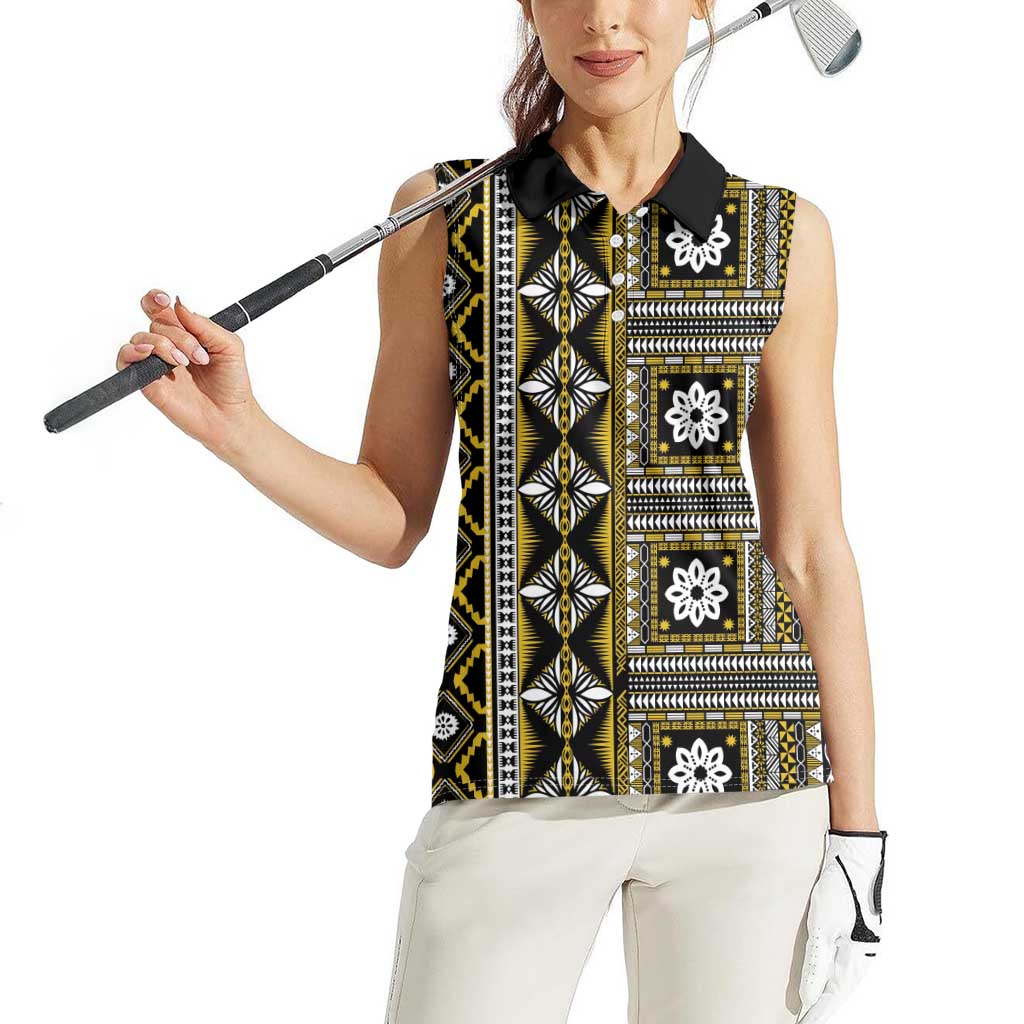 Fiji Masi Tapa Pattern Yellow Women Sleeveless Polo Shirt - Polynesian Pride