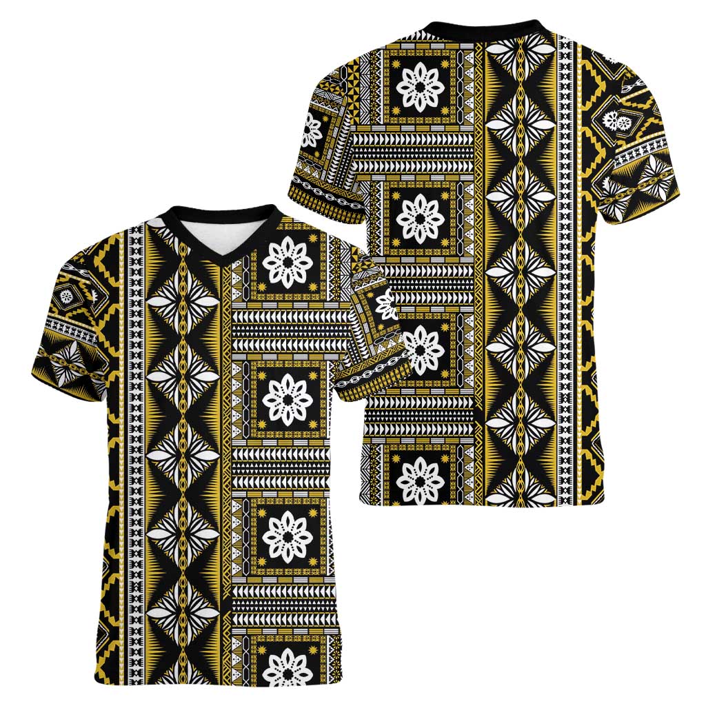 Fiji Masi Tapa Pattern Yellow Women V-Neck T-Shirt - Polynesian Pride