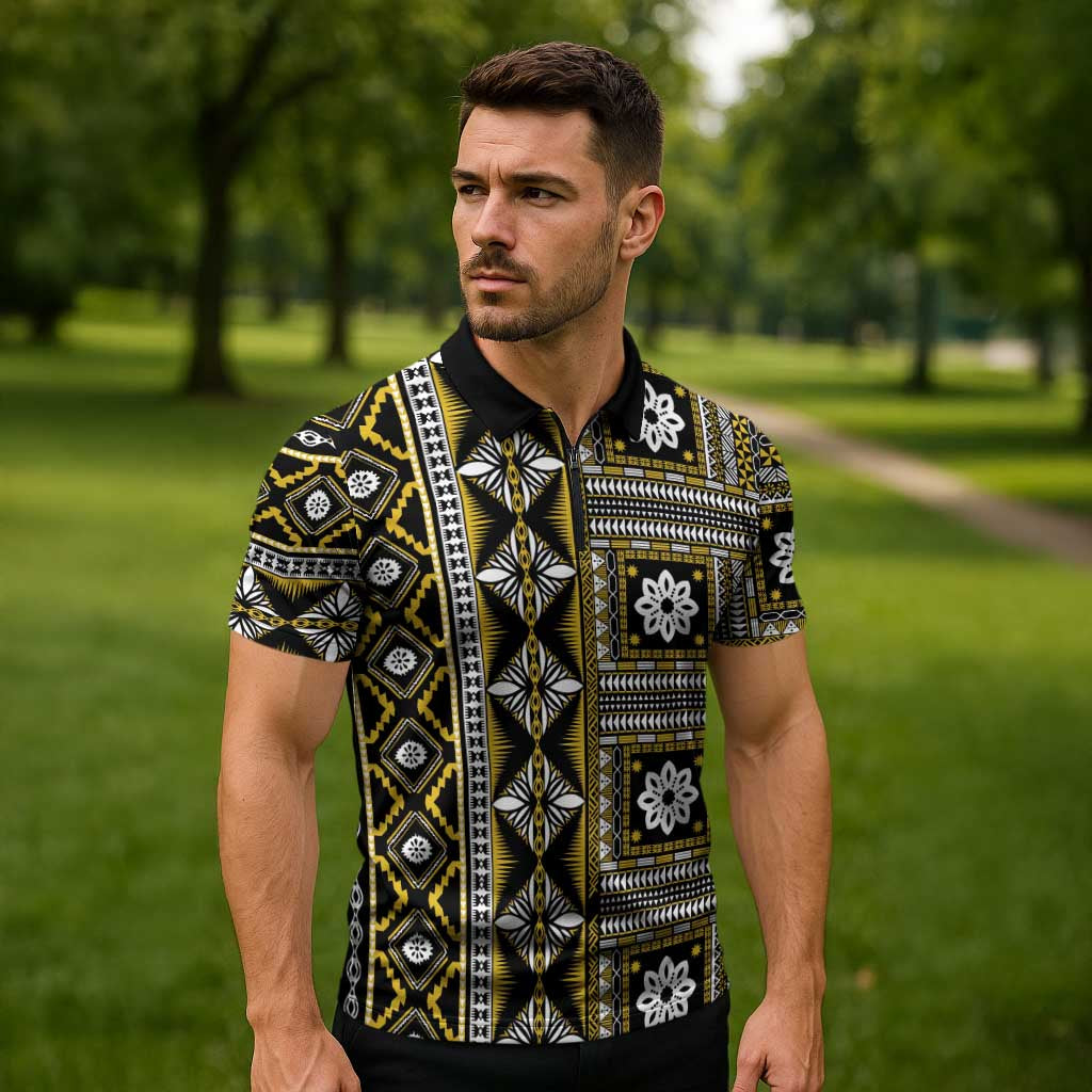 Fiji Masi Tapa Pattern Yellow Zipper Polo Shirt - Polynesian Pride