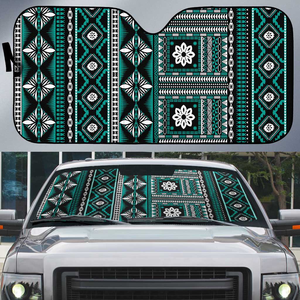 Fiji Masi Tapa Pattern Teal Auto Sun Shade - Polynesian Pride