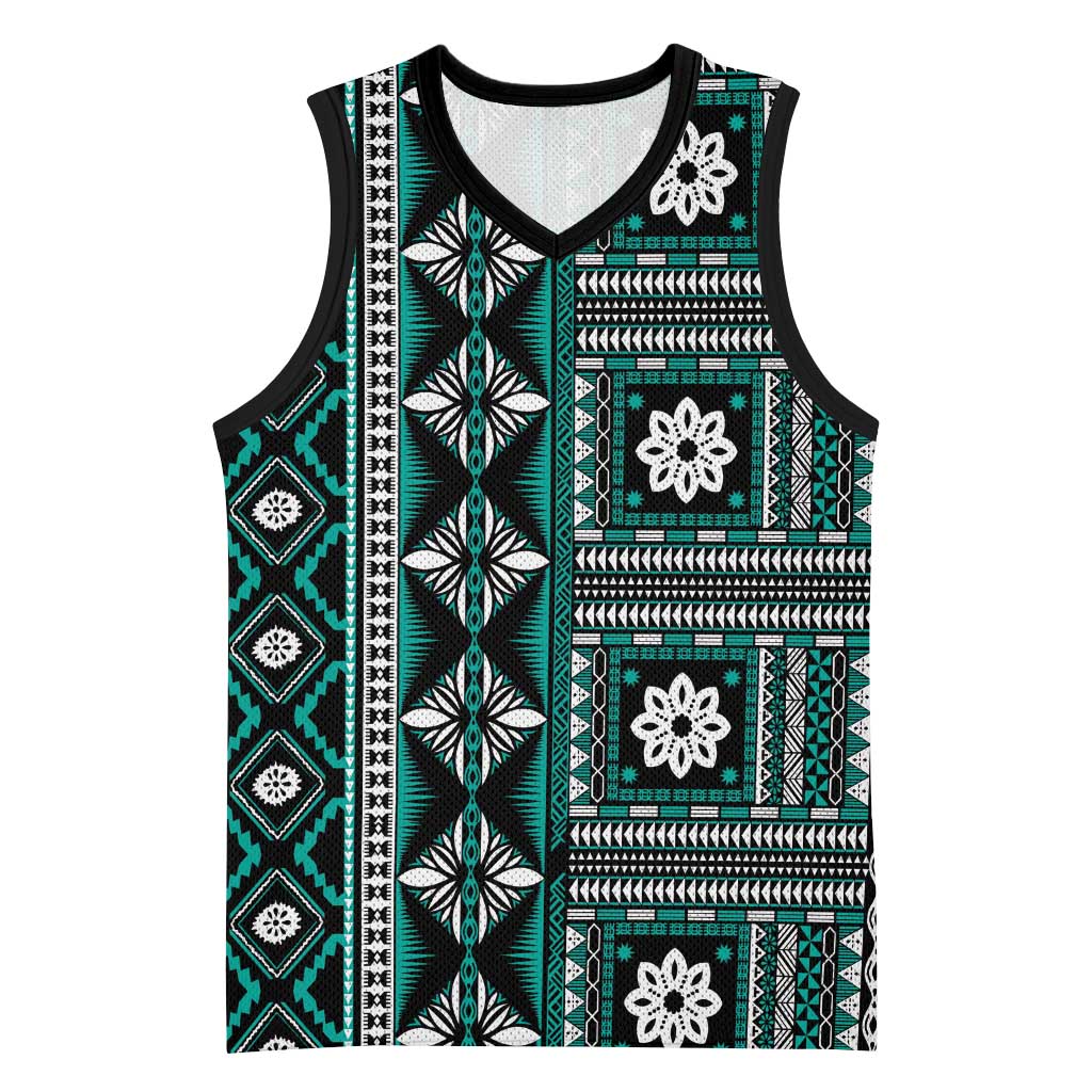 Fiji Masi Tapa Pattern Teal Basketball Jersey - Polynesian Pride