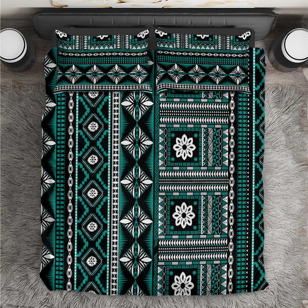 Fiji Masi Tapa Pattern Teal Bedding Set - Polynesian Pride