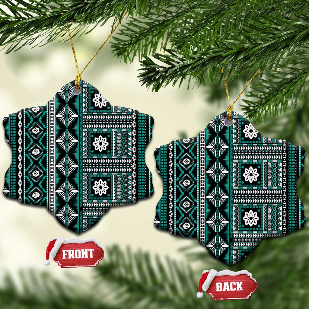 Fiji Masi Tapa Pattern Teal Ceramic Ornament - Polynesian Pride