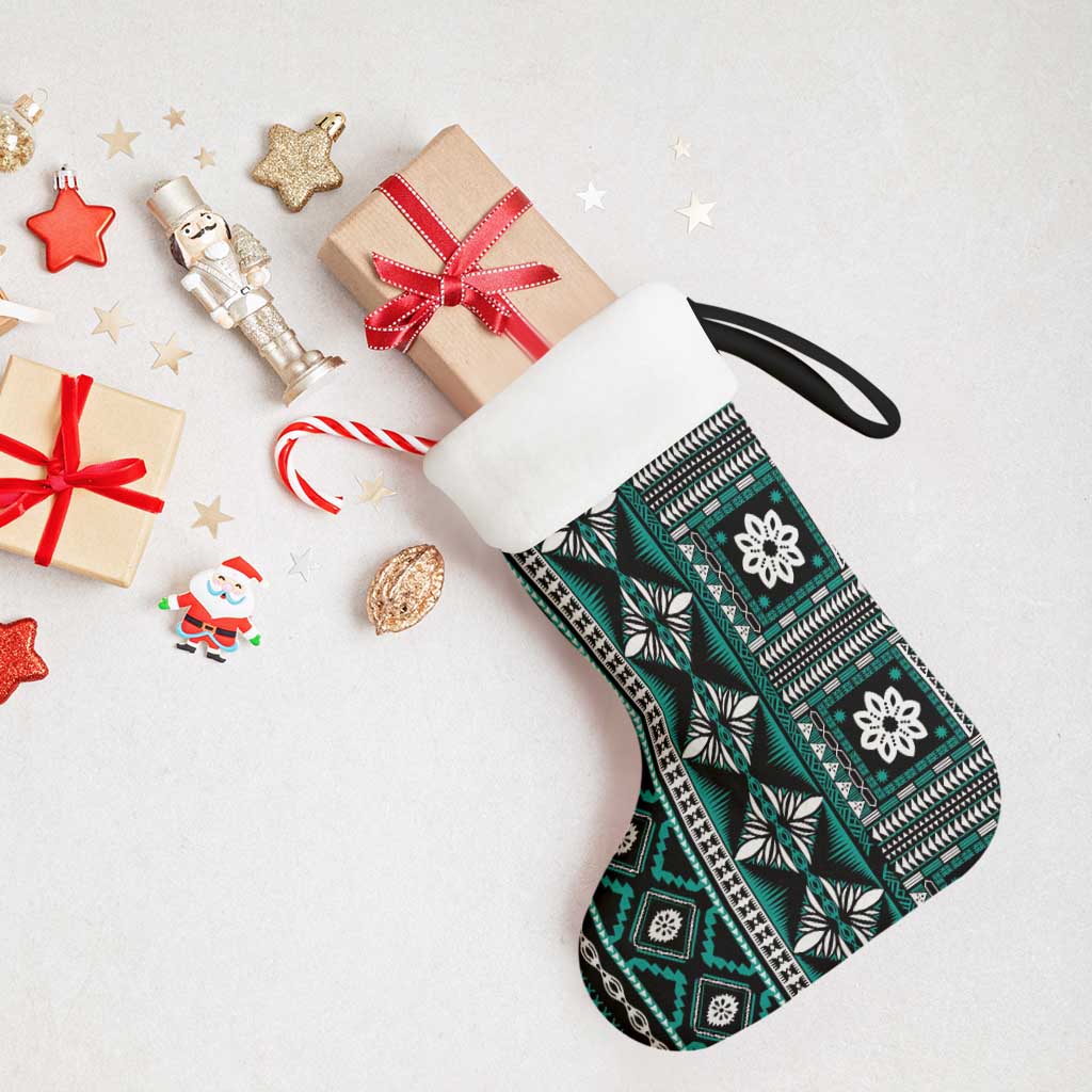 Fiji Masi Tapa Pattern Teal Christmas Stocking - Polynesian Pride
