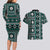 Fiji Masi Tapa Pattern Teal Couples Matching Long Sleeve Bodycon Dress and Hawaiian Shirt - Polynesian Pride
