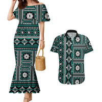Fiji Masi Tapa Pattern Teal Couples Matching Mermaid Dress and Hawaiian Shirt - Polynesian Pride