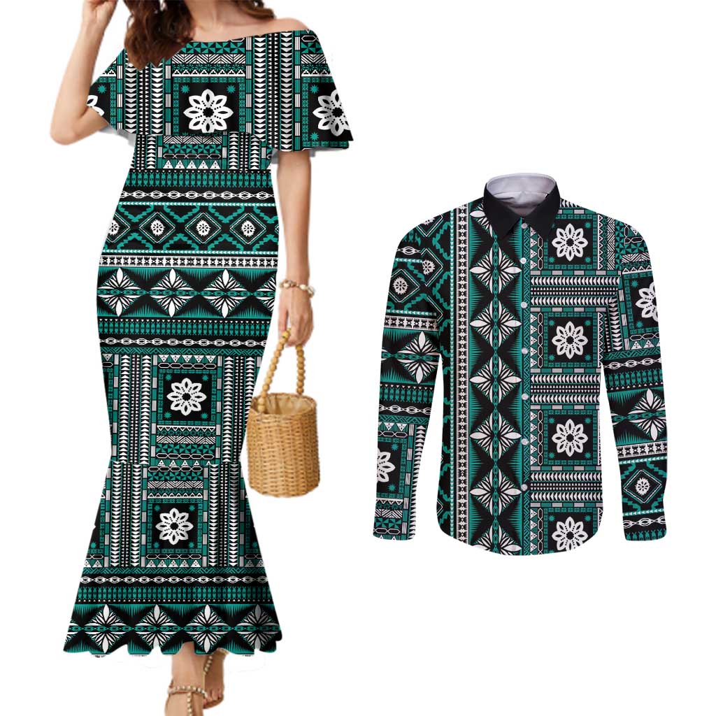Fiji Masi Tapa Pattern Teal Couples Matching Mermaid Dress and Long Sleeve Button Shirt - Polynesian Pride