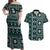 Fiji Masi Tapa Pattern Teal Couples Matching Off Shoulder Maxi Dress and Hawaiian Shirt - Polynesian Pride