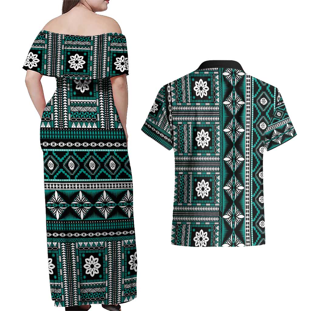 Fiji Masi Tapa Pattern Teal Couples Matching Off Shoulder Maxi Dress and Hawaiian Shirt - Polynesian Pride