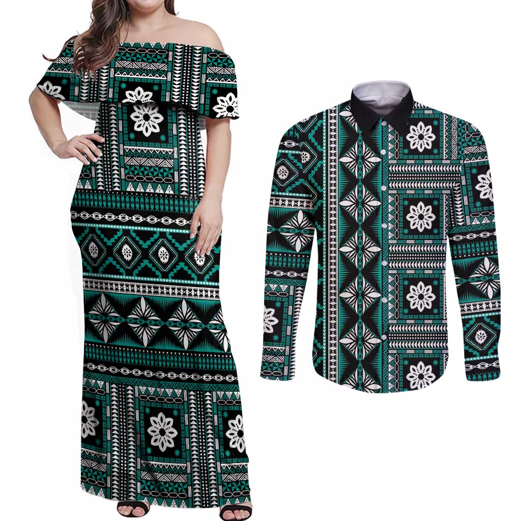 Fiji Masi Tapa Pattern Teal Couples Matching Off Shoulder Maxi Dress and Long Sleeve Button Shirt - Polynesian Pride