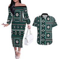 Fiji Masi Tapa Pattern Teal Couples Matching Off The Shoulder Long Sleeve Dress and Hawaiian Shirt - Polynesian Pride