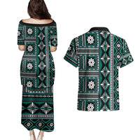 Fiji Masi Tapa Pattern Teal Couples Matching Puletasi and Hawaiian Shirt - Polynesian Pride