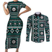 Fiji Masi Tapa Pattern Teal Couples Matching Short Sleeve Bodycon Dress and Long Sleeve Button Shirt - Polynesian Pride