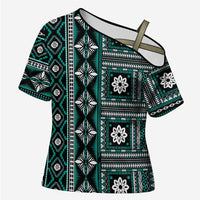 Fiji Masi Tapa Pattern Teal Cross Shoulder Shirt - Polynesian Pride