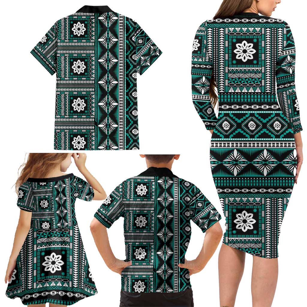 Fiji Masi Tapa Pattern Teal Family Matching Long Sleeve Bodycon Dress and Hawaiian Shirt - Polynesian Pride