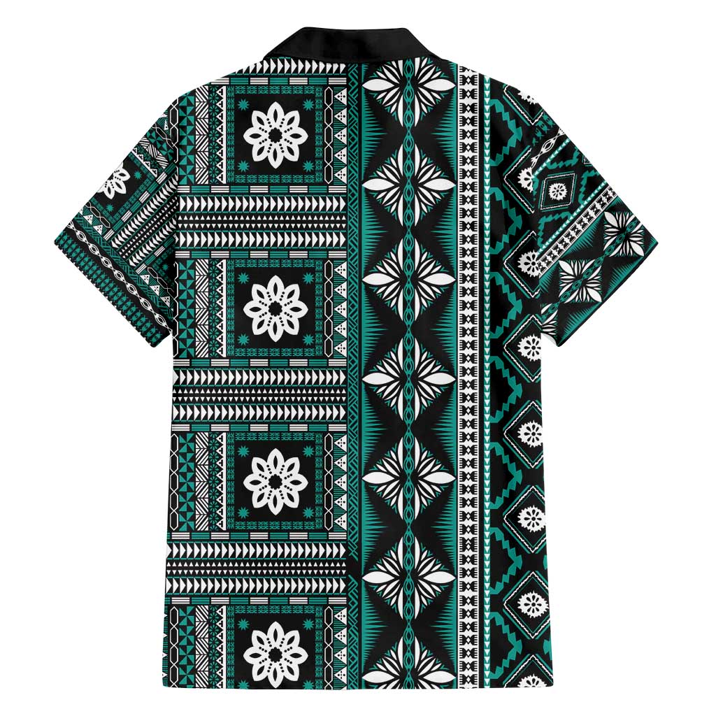 Fiji Masi Tapa Pattern Teal Family Matching Long Sleeve Bodycon Dress and Hawaiian Shirt - Polynesian Pride