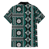 Fiji Masi Tapa Pattern Teal Family Matching Long Sleeve Bodycon Dress and Hawaiian Shirt - Polynesian Pride