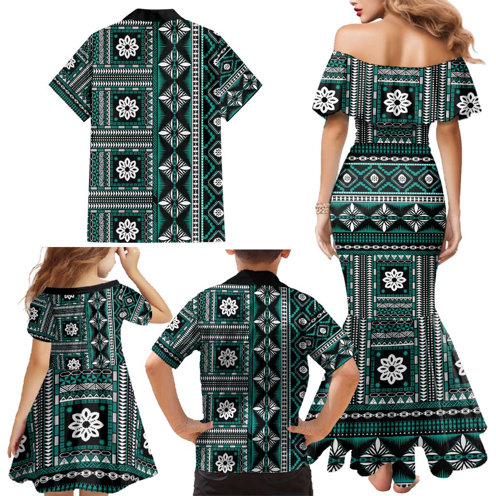 Fiji Masi Tapa Pattern Teal Family Matching Mermaid Dress and Hawaiian Shirt - Polynesian Pride