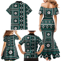 Fiji Masi Tapa Pattern Teal Family Matching Mermaid Dress and Hawaiian Shirt - Polynesian Pride