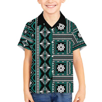 Fiji Masi Tapa Pattern Teal Family Matching Off The Shoulder Long Sleeve Dress and Hawaiian Shirt - Polynesian Pride
