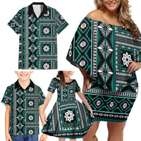 Fiji Masi Tapa Pattern Teal Family Matching Off Shoulder Short Dress and Hawaiian Shirt - Polynesian Pride