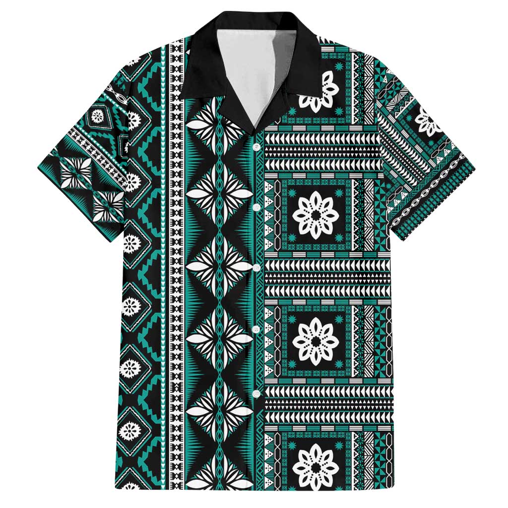 Fiji Masi Tapa Pattern Teal Family Matching Off Shoulder Short Dress and Hawaiian Shirt - Polynesian Pride