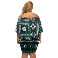 Fiji Masi Tapa Pattern Teal Family Matching Off Shoulder Short Dress and Hawaiian Shirt - Polynesian Pride