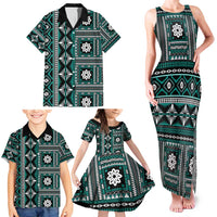 Fiji Masi Tapa Pattern Teal Family Matching Tank Maxi Dress and Hawaiian Shirt - Polynesian Pride