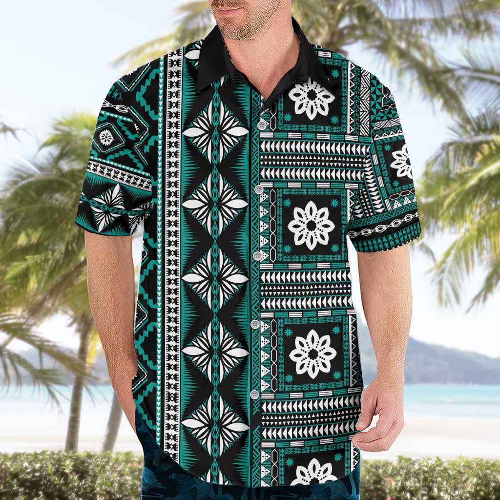Fiji Masi Tapa Pattern Teal Hawaiian Shirt - Polynesian Pride