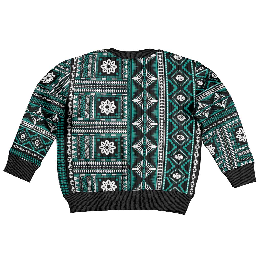 Fiji Masi Tapa Pattern Teal Kid Ugly Christmas Sweater - Polynesian Pride