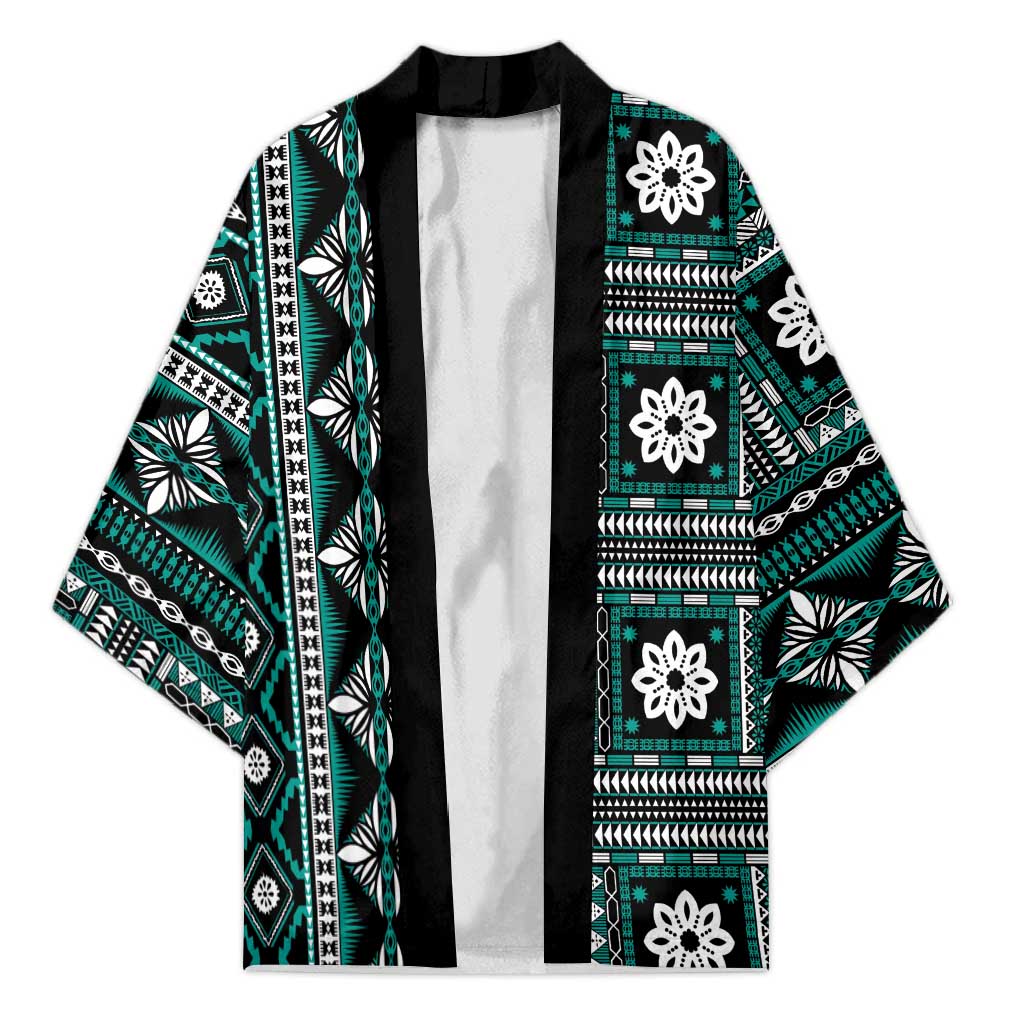 Fiji Masi Tapa Pattern Teal Kimono - Polynesian Pride