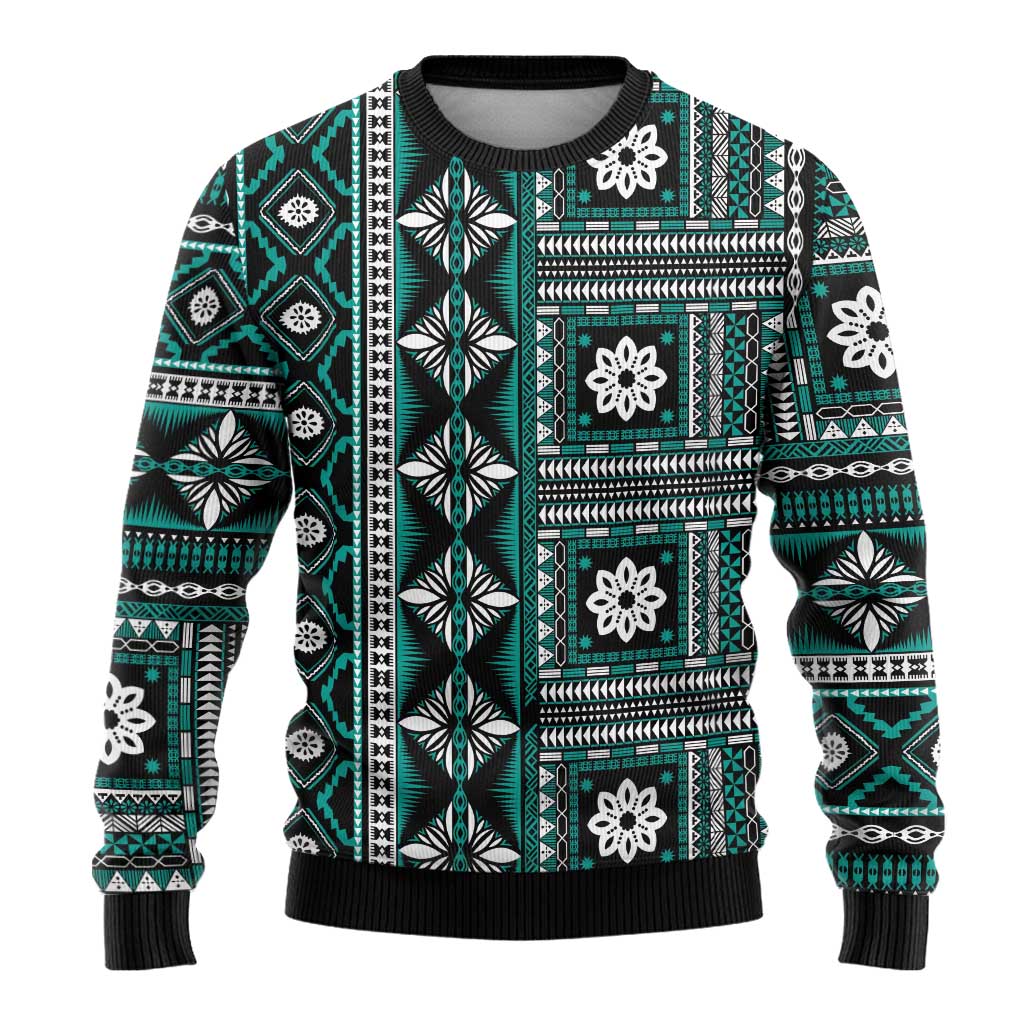 Fiji Masi Tapa Pattern Teal Ugly Christmas Sweater - Polynesian Pride