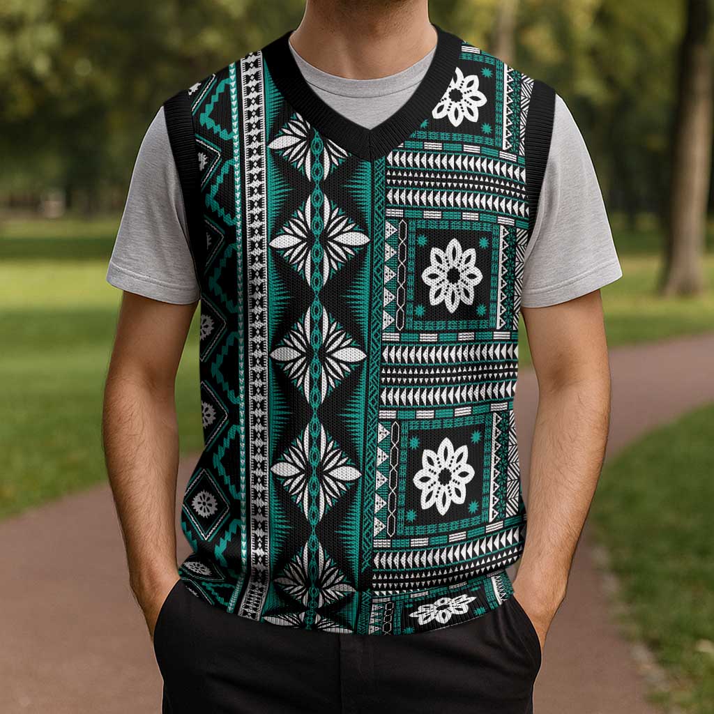Fiji Masi Tapa Pattern Teal Christmas Knitted V-Neck Vest - Polynesian Pride