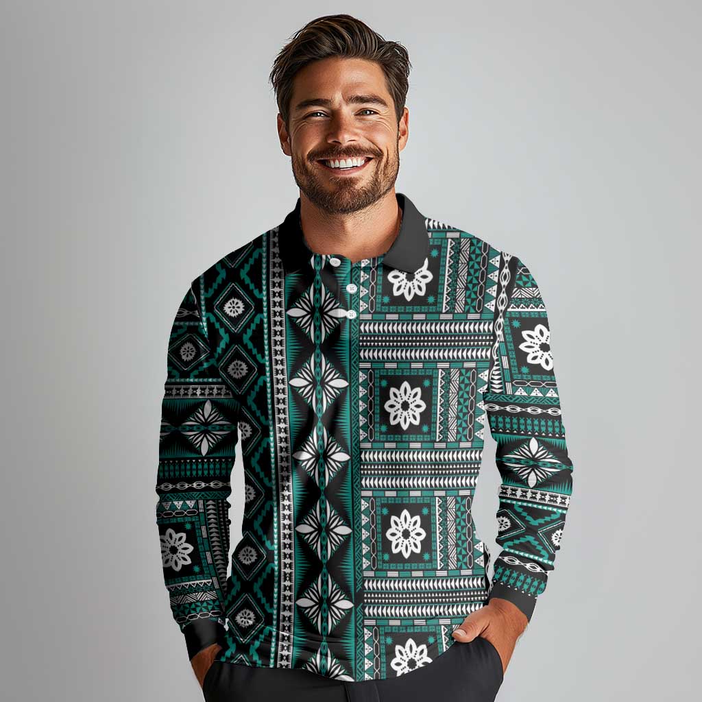 Fiji Masi Tapa Pattern Teal Long Sleeve Polo Shirt - Polynesian Pride