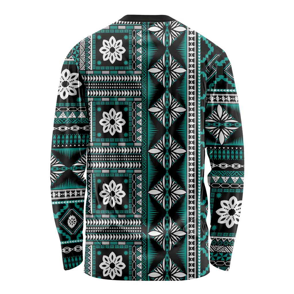 Fiji Masi Tapa Pattern Teal Long Sleeve Shirt - Polynesian Pride