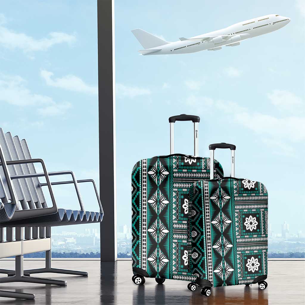 Fiji Masi Tapa Pattern Teal Luggage Cover - Polynesian Pride