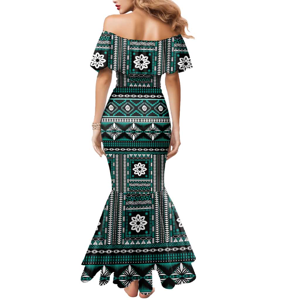 Fiji Masi Tapa Pattern Teal Mermaid Dress - Polynesian Pride
