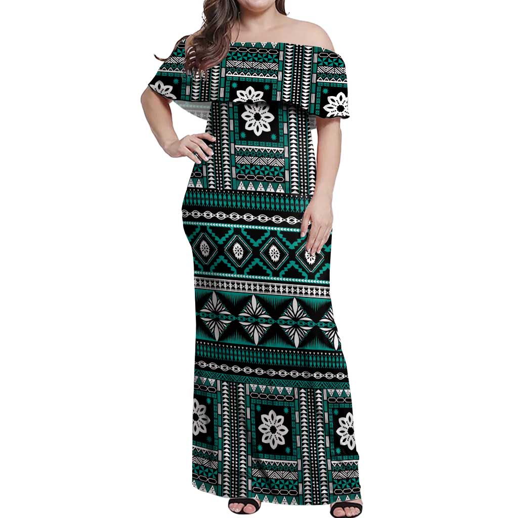 Fiji Masi Tapa Pattern Teal Off Shoulder Maxi Dress - Polynesian Pride