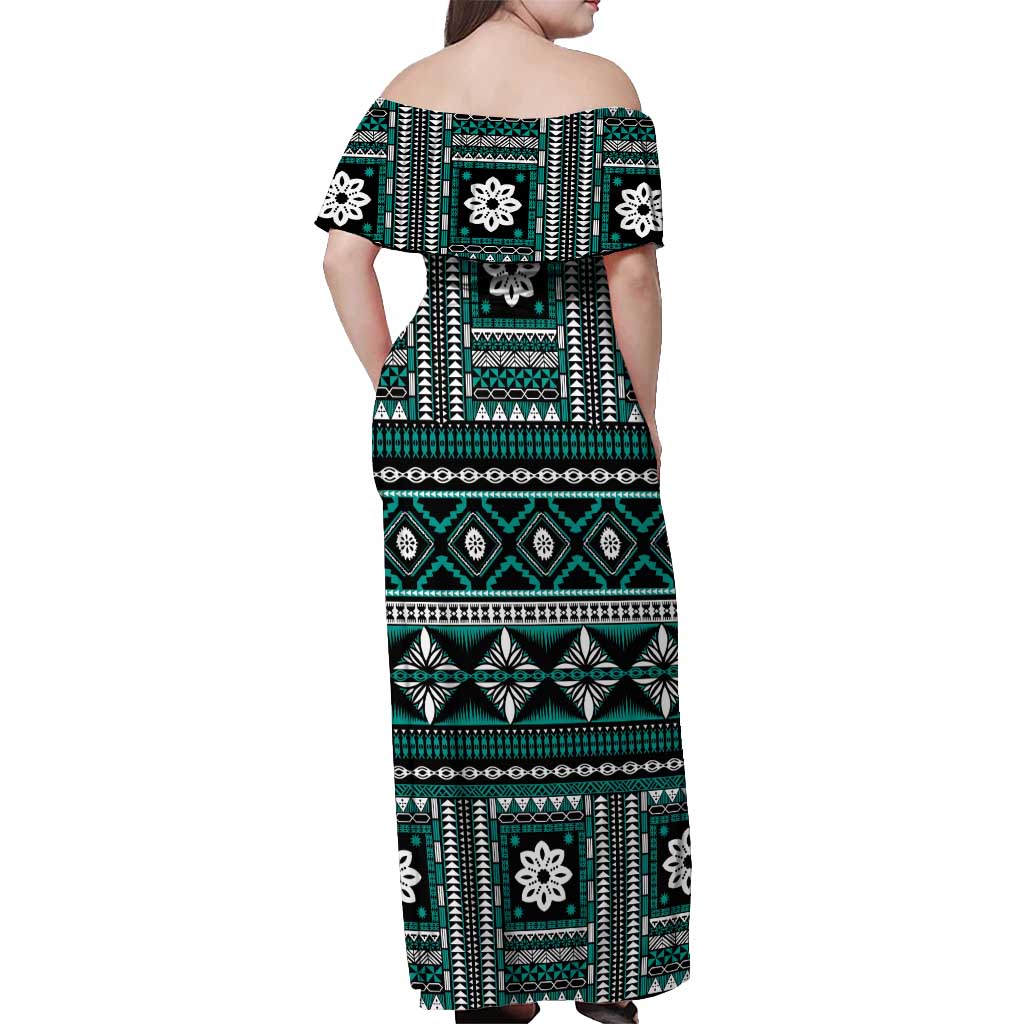 Fiji Masi Tapa Pattern Teal Off Shoulder Maxi Dress - Polynesian Pride