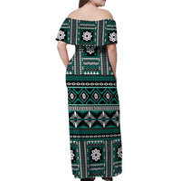 Fiji Masi Tapa Pattern Teal Off Shoulder Maxi Dress - Polynesian Pride