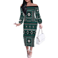 Fiji Masi Tapa Pattern Teal Off The Shoulder Long Sleeve Dress - Polynesian Pride