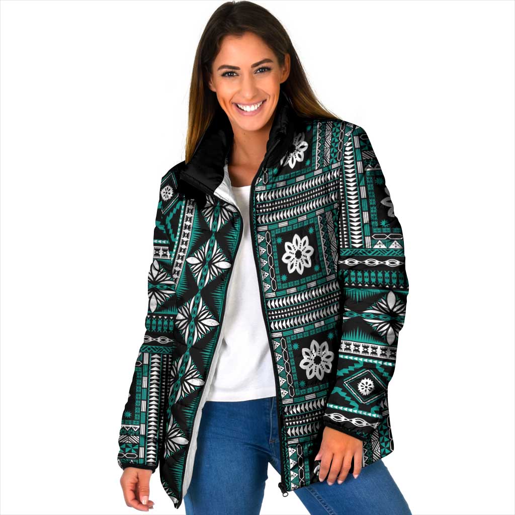 Fiji Masi Tapa Pattern Teal Padded Jacket - Polynesian Pride