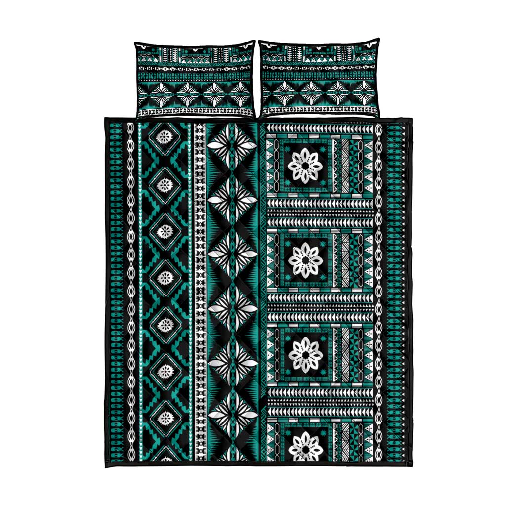 Fiji Masi Tapa Pattern Teal Quilt Bed Set - Polynesian Pride