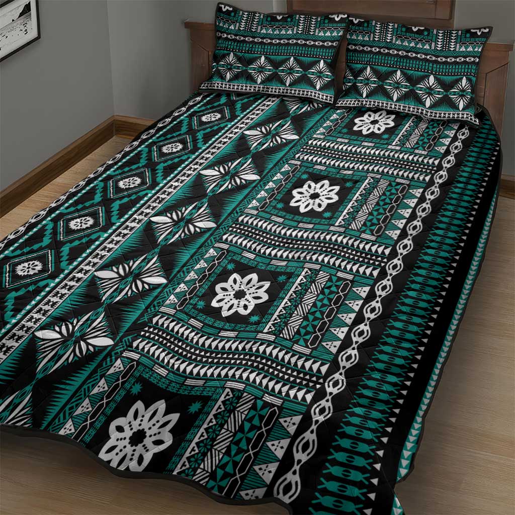 Fiji Masi Tapa Pattern Teal Quilt Bed Set - Polynesian Pride
