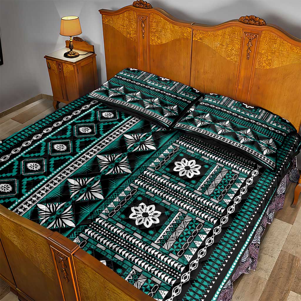 Fiji Masi Tapa Pattern Teal Quilt Bed Set - Polynesian Pride