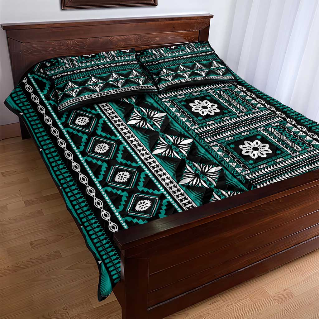 Fiji Masi Tapa Pattern Teal Quilt Bed Set - Polynesian Pride