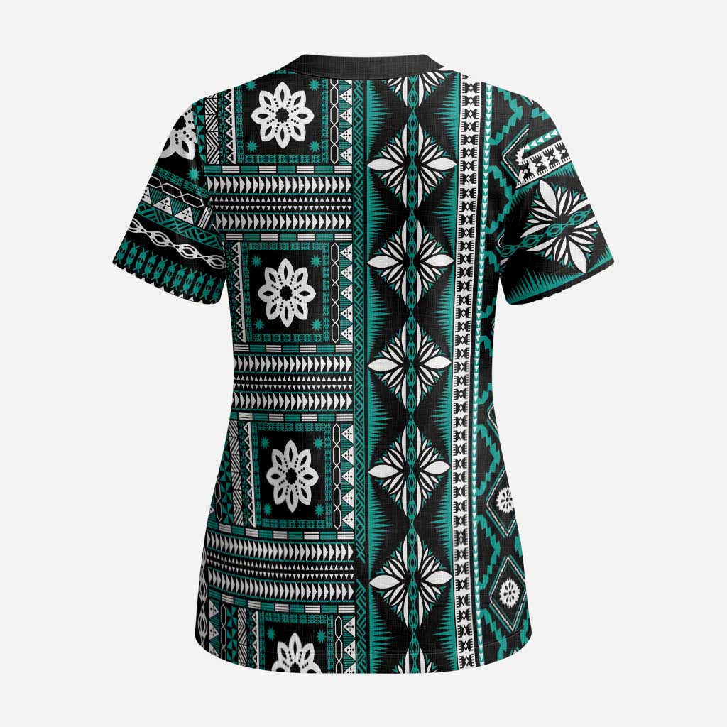 Fiji Masi Tapa Pattern Teal Scrub Top - Polynesian Pride