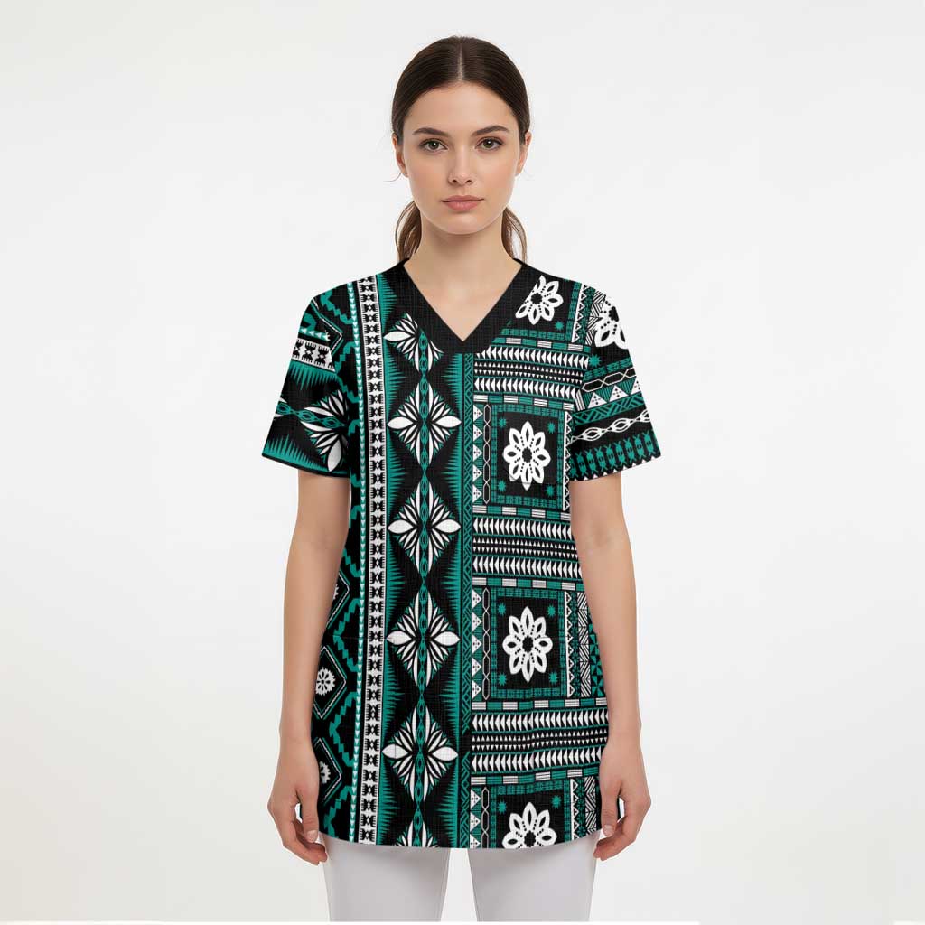 Fiji Masi Tapa Pattern Teal Scrub Top - Polynesian Pride