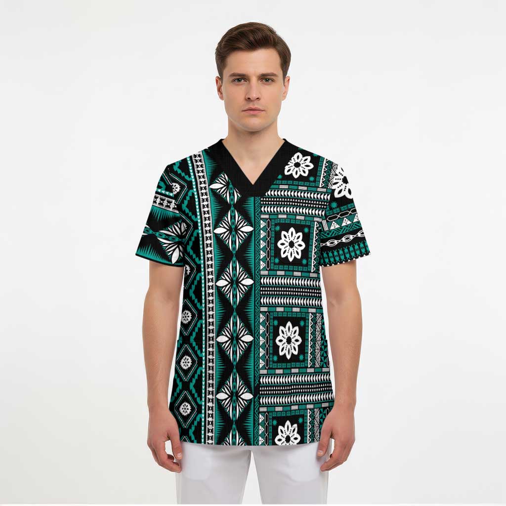 Fiji Masi Tapa Pattern Teal Scrub Top - Polynesian Pride
