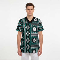 Fiji Masi Tapa Pattern Teal Scrub Top - Polynesian Pride